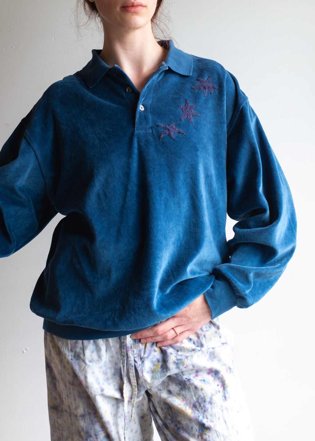 Blue 3 Button Velour Top w Star Patch