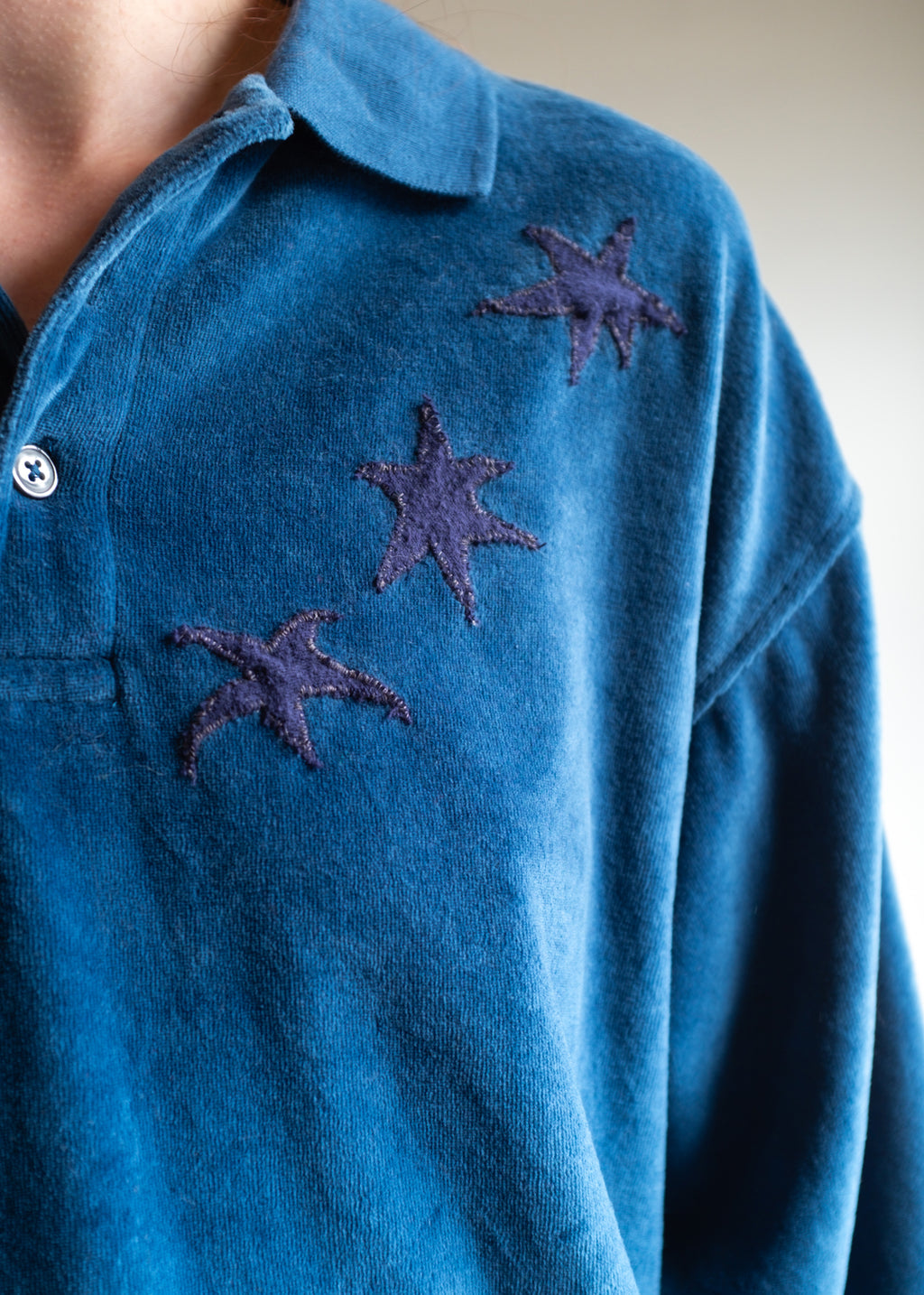 Blue 3 Button Velour Top w Star Patch