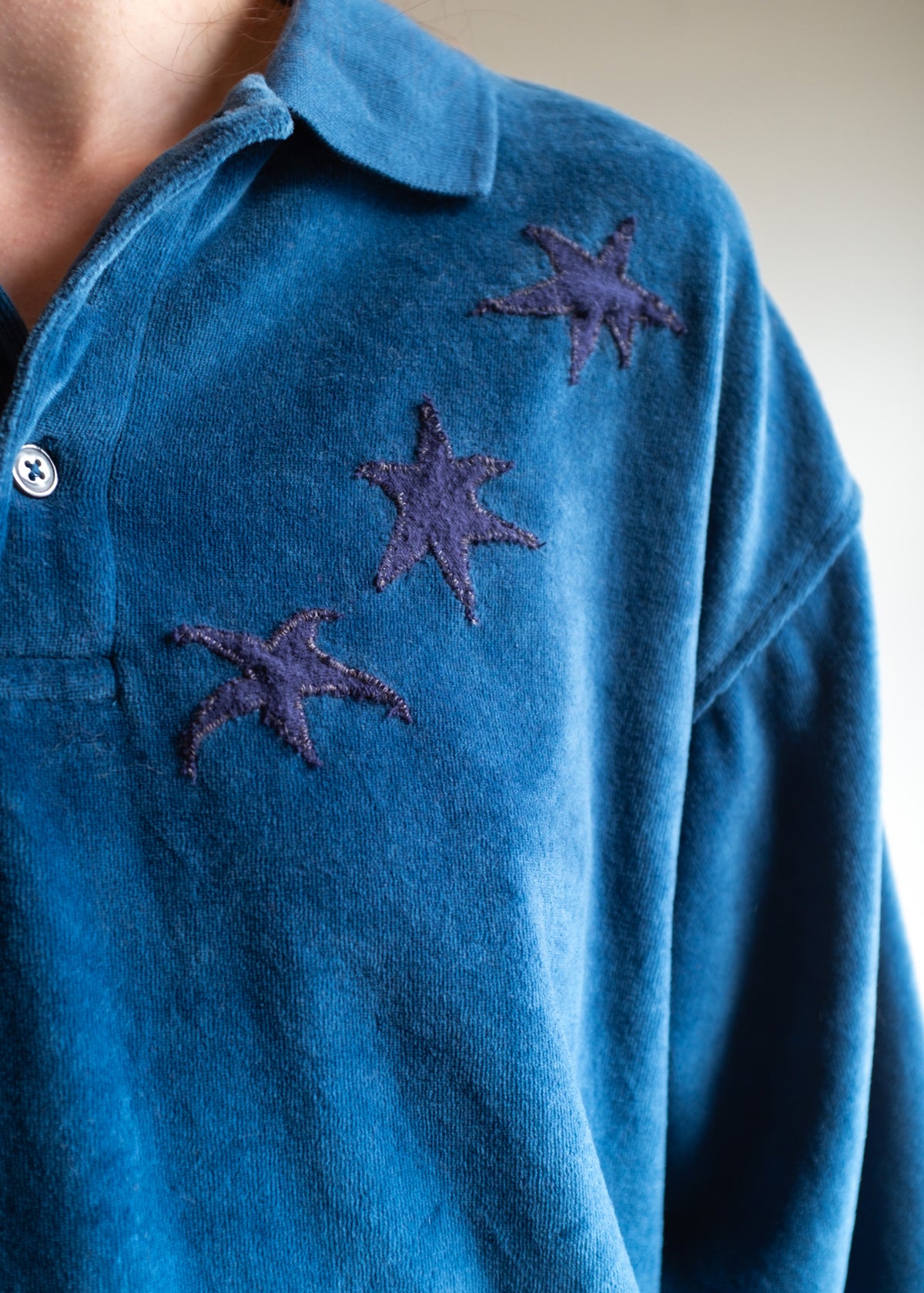 Blue 3 Button Velour Top w Star Patch