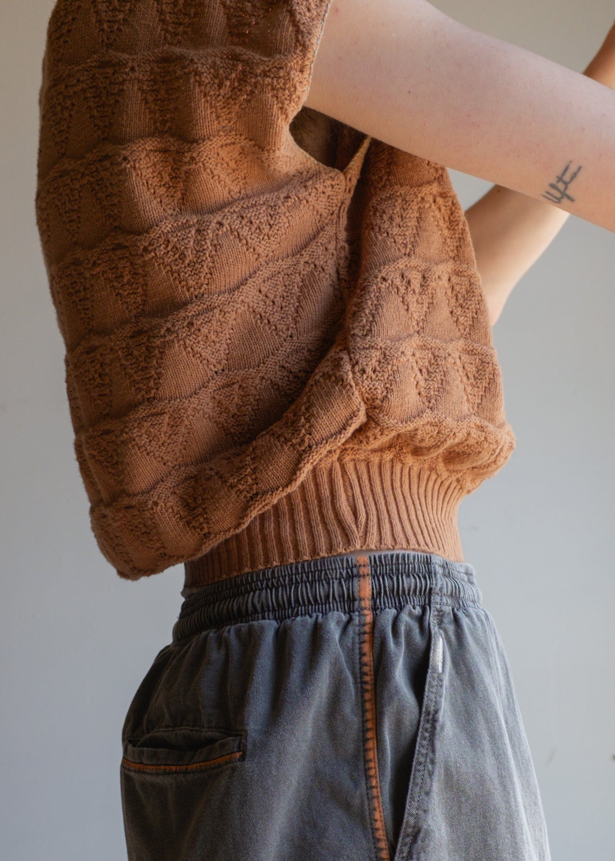 Tan Sleeveless Knit w Crochet Detail