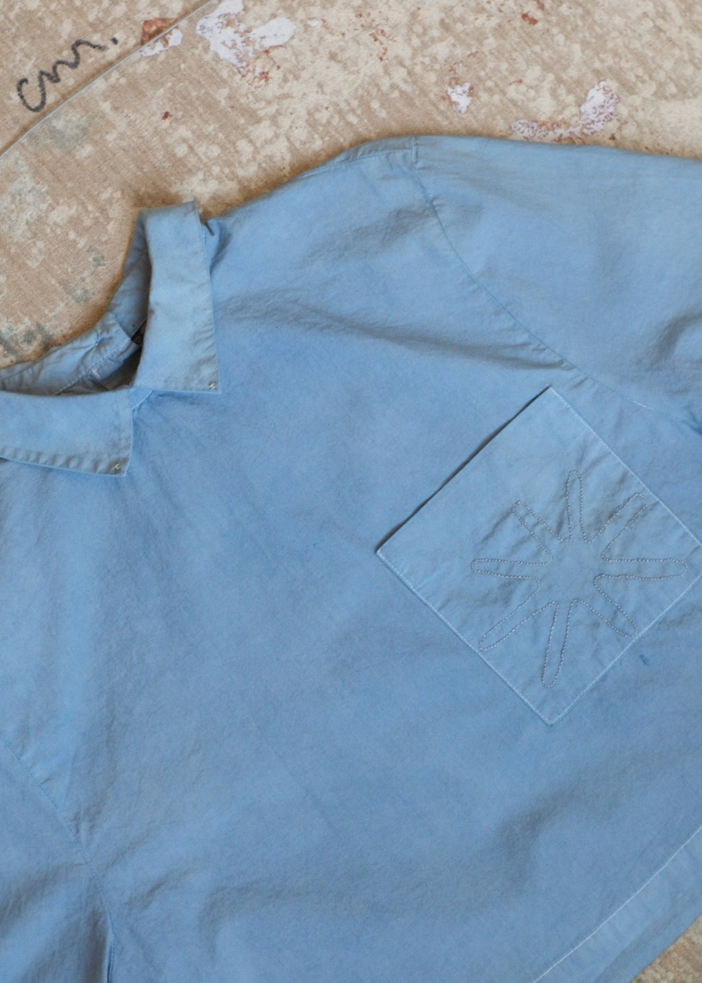 Overdyed Blue SS Collared Shirt w Flower Stitch
