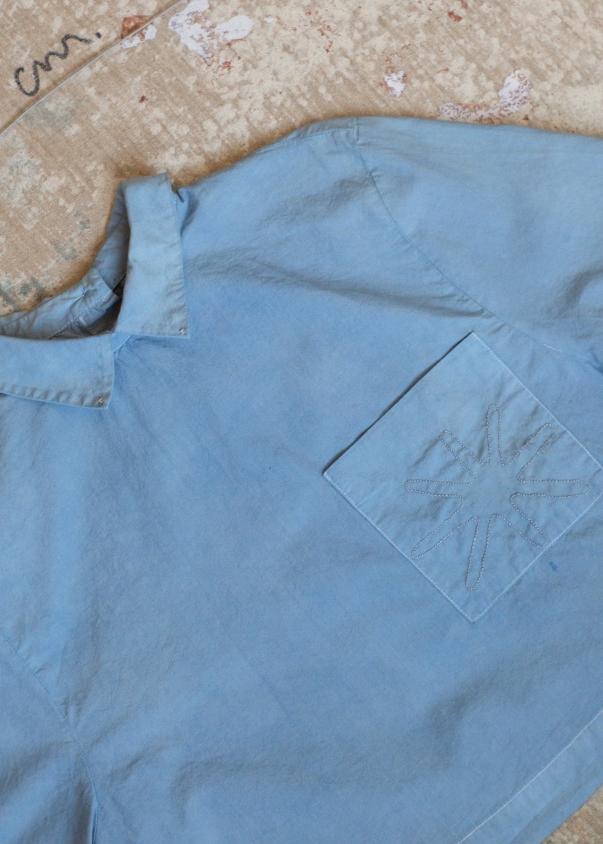 Overdyed Blue SS Collared Shirt w Flower Stitch