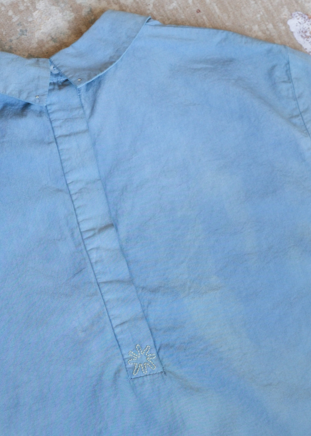 Overdyed Blue SS Collared Shirt w Flower Stitch