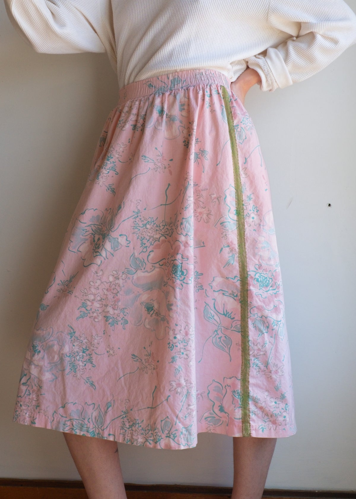 Overdyed Pink Floral Skirt w Trim up sides
