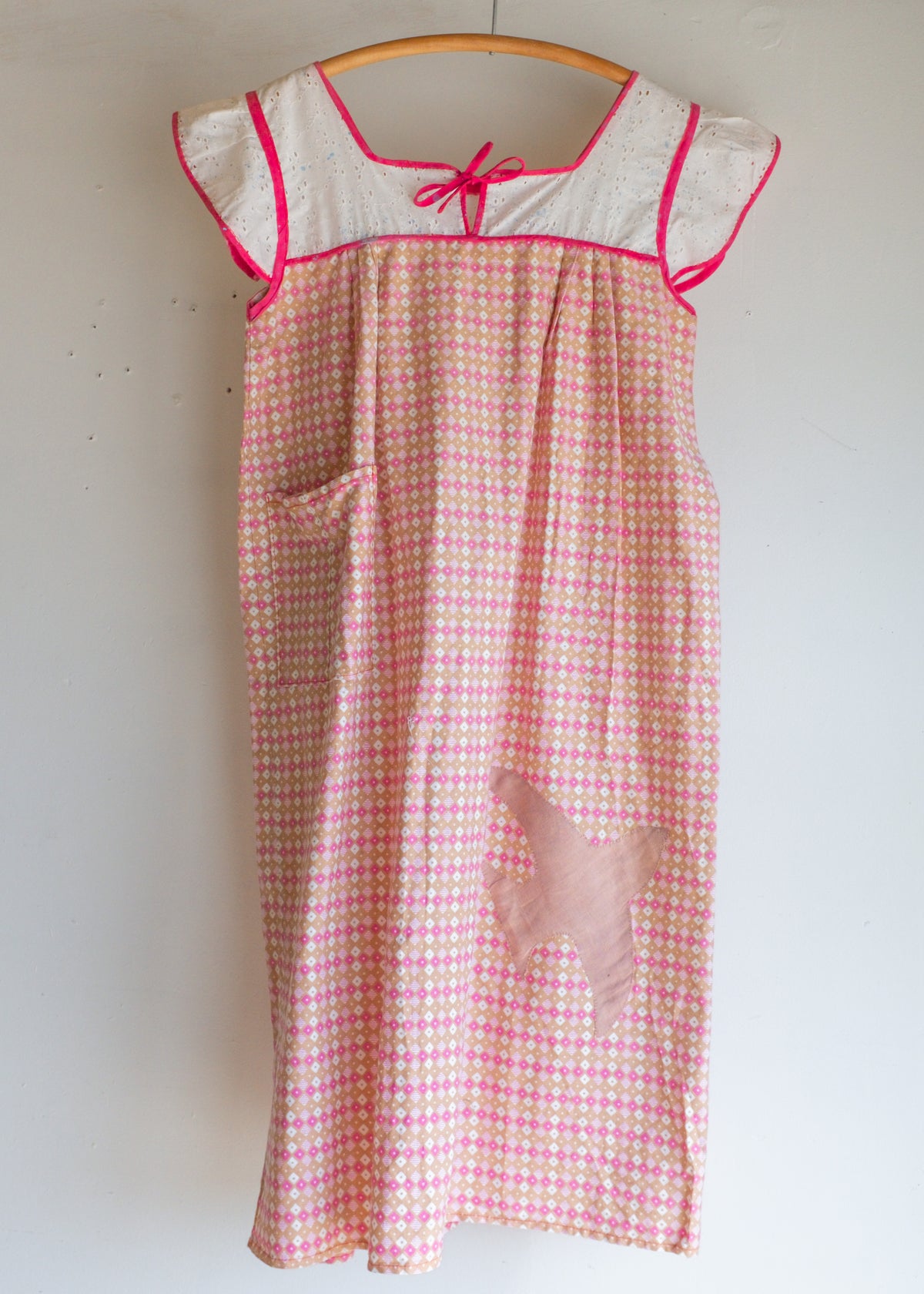 Pink Porch Dress w Bird Patch/ Paint Splats