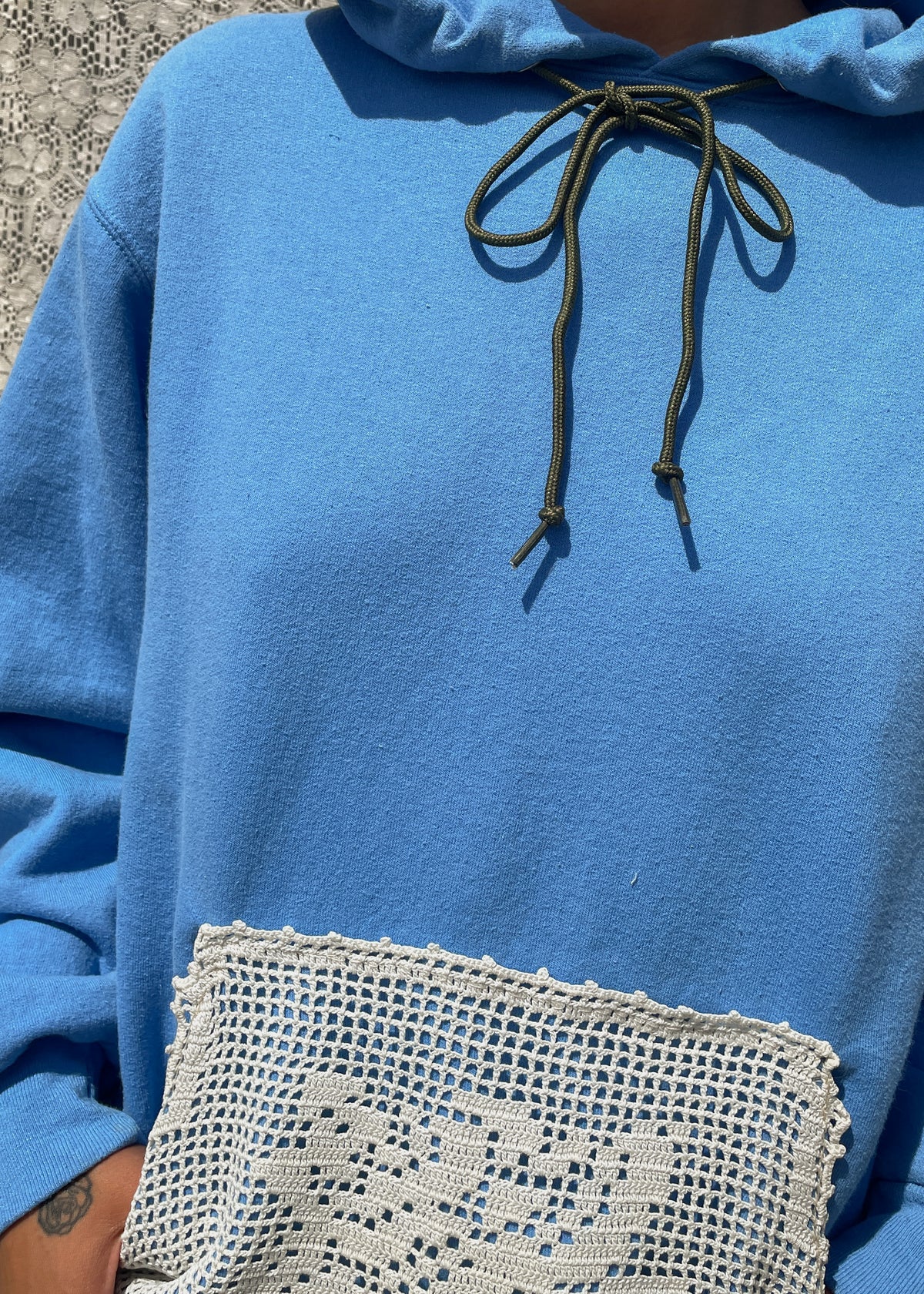 Blue Hoodie w Pocket Detail/ Cropped Cuff